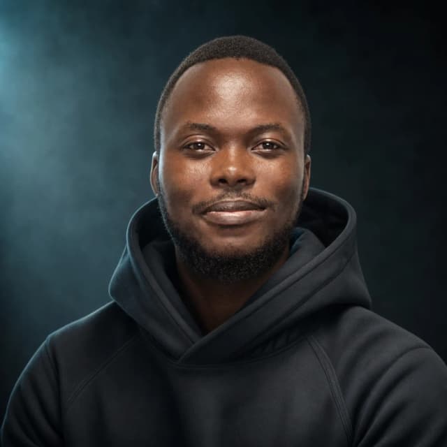 A portrait of Amos Bafuna in a hoodie